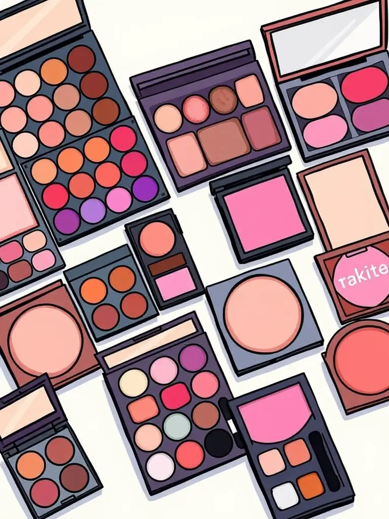 A colorful array of Asian makeup palettes, featuring eyeshadows, blushes, and highlighters, displayed in an organized and visually appealing manner.
